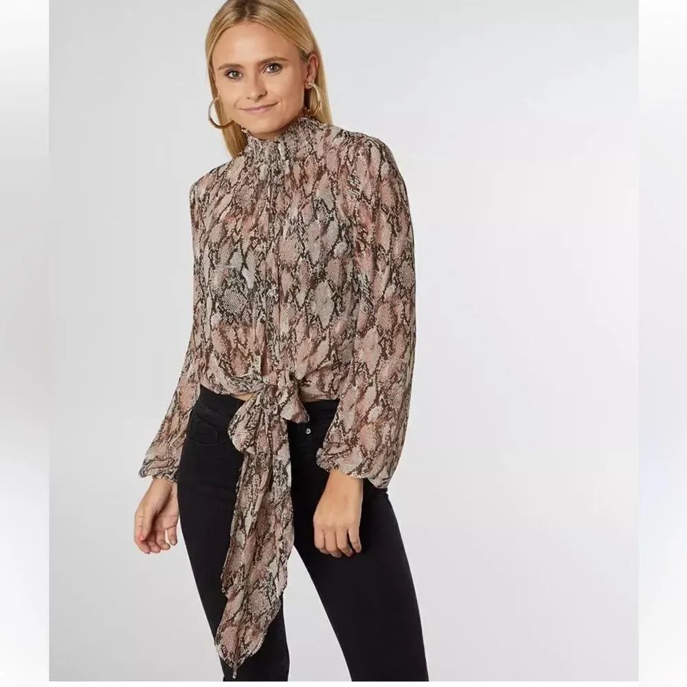 Altar’d State S Blush Tan Brown Python Snake Print Cropped Tie Front Blouse
